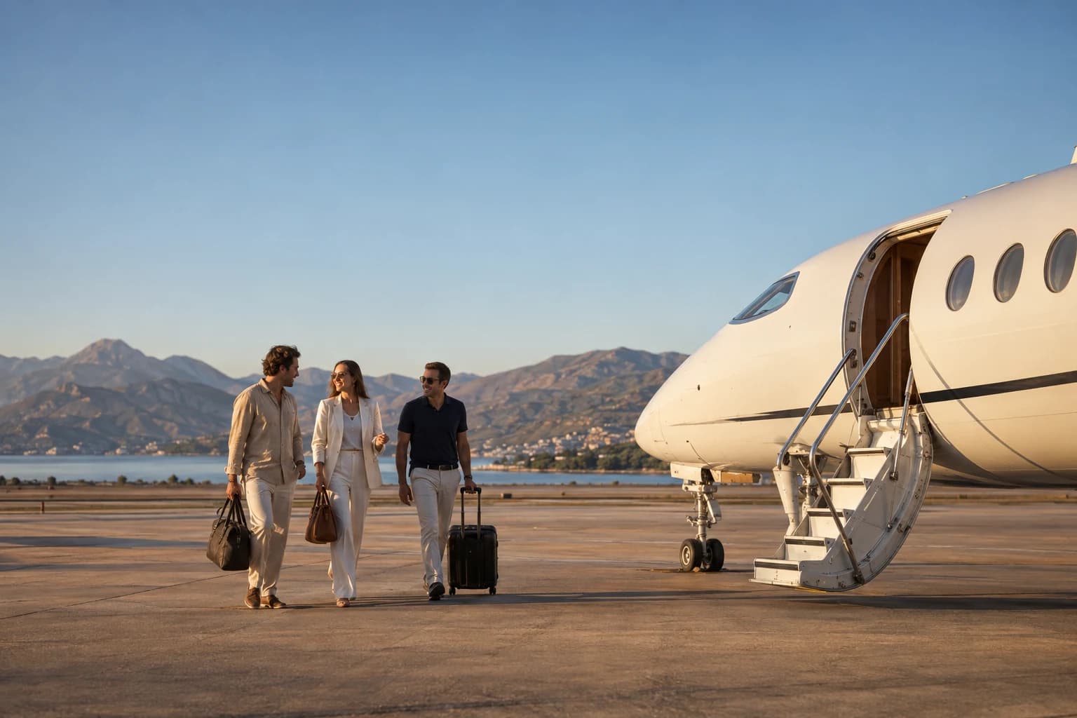 Three friends heading toward a private aircraft on a sunny coastal runway